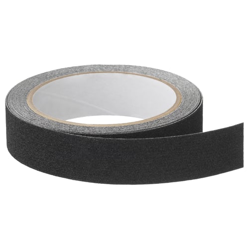 Black self-adhesive anti-slip tape roll for stair safety, made of polyethylene and quartz.