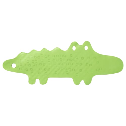 A green rubber bath mat named PATRULL, designed with suction cups and a hanging hole for secure use and easy drying.