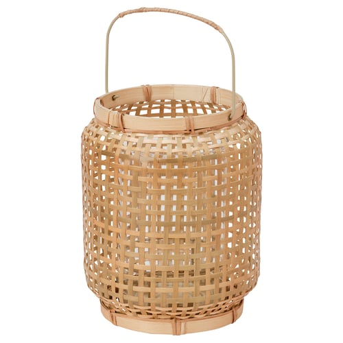 PÅVEFINK wicker lantern, natural light beige, circular with handle, bamboo & glass.