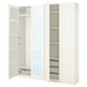A white PAX wardrobe with mirrored doors, multiple shelves, and a mesh basket inside, designed for efficient storage.
