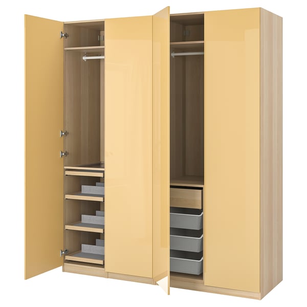 PAX / FARDAL Wardrobe combination, white stained oak effect/high-gloss yellow, 200x60x236 cm