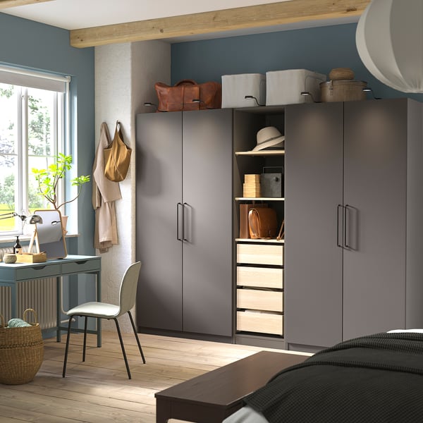 PAX / FORSAND Wardrobe combination, dark grey/white stained oak effect dark grey, 250x60x201 cm