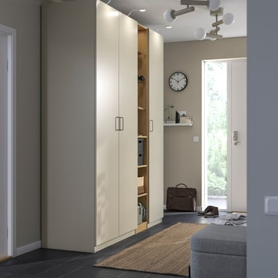 PAX / FORSAND Wardrobe combination, grey-beige grey-beige/oak effect, 185x60x236 cm