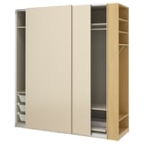 PAX / HASVIK Wardrobe with sliding doors, grey-beige grey-beige/oak effect, 220x66x236 cm