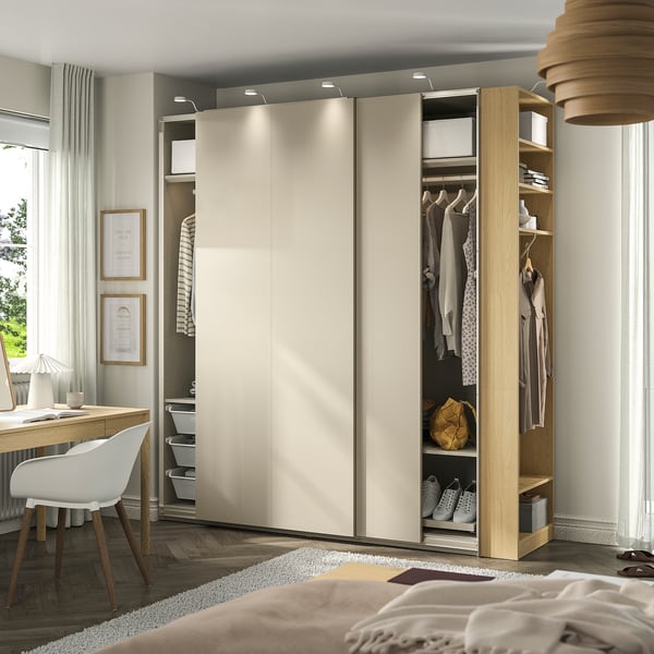 PAX / HASVIK Wardrobe with sliding doors, grey-beige grey-beige/oak effect, 220x66x236 cm