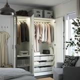 PAX / KAMMARTORP/GRIMO Wardrobe combination, white mirror glass/grey white, 150x60x201 cm