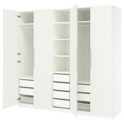 Three-section white wardrobe with shelves, drawers, and mesh baskets, featuring a sleek, modern design.