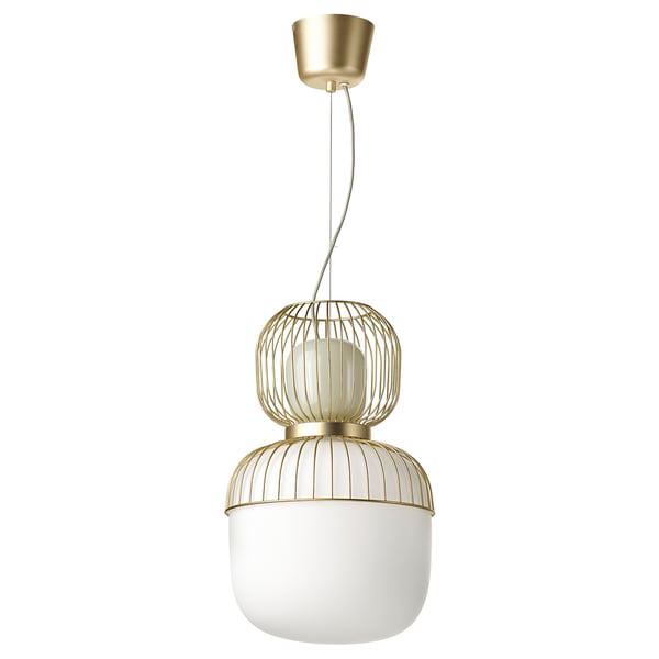 Gold and white hanging lamp with glass shade and metallic cage, modern lantern design.