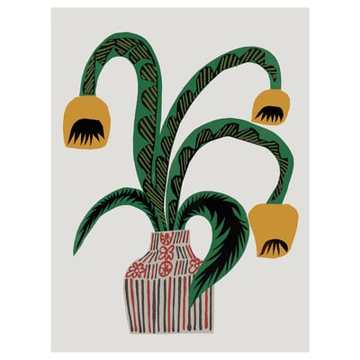 PJÄTTERYD poster: green, yellow sunflowers in striped vase on white canvas.