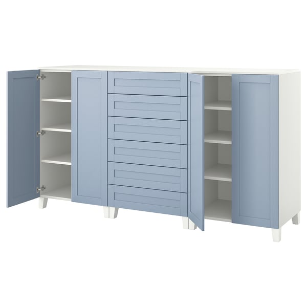 PLATSA Cabinet with doors and drawers, white/Sannidal blue, 240x57x133 cm