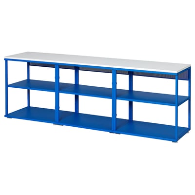 Blue metal storage unit with three shelves and white top.