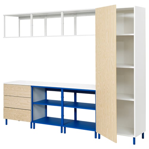 Modern modular storage - white, blue, wood. Open & closed shelves. Adjustable feet. Home organisation.