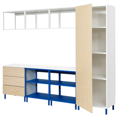 Modern modular storage - white, blue, wood. Open & closed shelves. Adjustable feet. Home organisation.