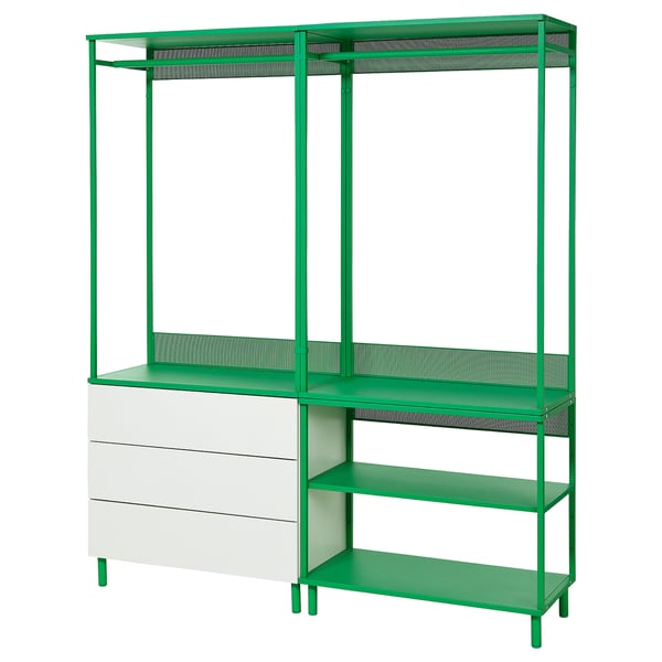 PLATSA Open wardrobe with 3 drawers, white/Fonnes green, 160x42x191 cm