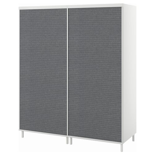 Modern white PLATSA wardrobe, double grey sliding doors, rectangular, minimalist design, adjustable feet.