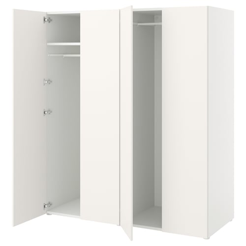 Ikea PLATSA: white, tall wardrobe with open doors showing empty space, hanging rod, and shelves. Simple, modern design.