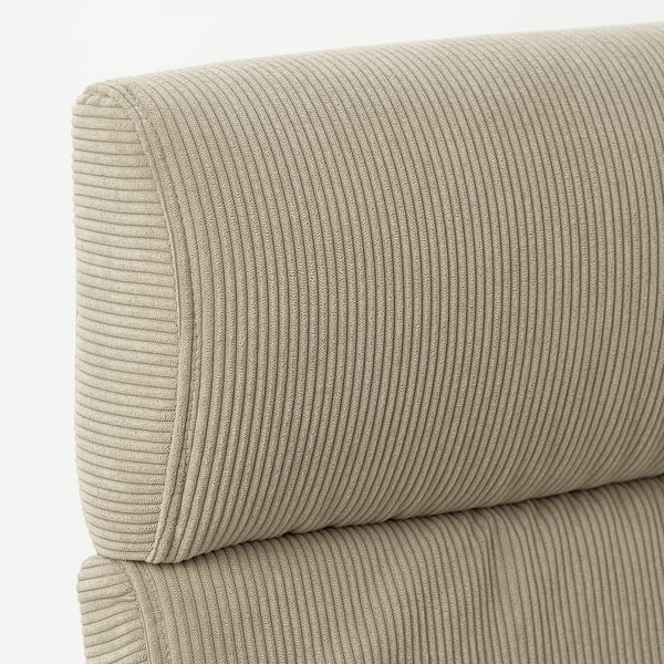 Plush, ribbed cushion in soft corduroy on a sturdy, curved wooden frame.