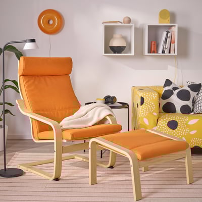 POÄNG Armchair and footstool, white stained oak veneer/Knisa bright orange