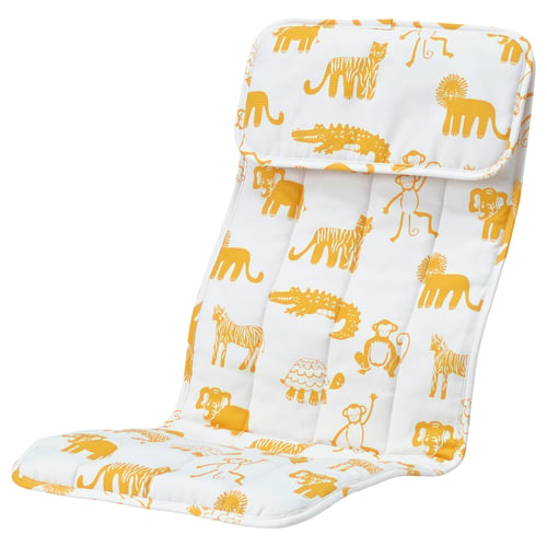 POÄNG cushion, white with yellow wildlife print, rectangular, padded, for childs comfort.