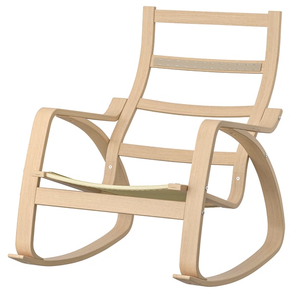 Wooden rocking chair with light finish; minimalist design.