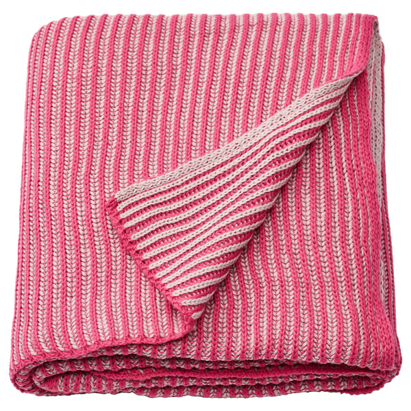 Pink, double-sided knitted blanket, soft, recycled polyester, folded square shape, striped pattern.