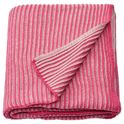 Pink, double-sided knitted blanket, soft, recycled polyester, folded square shape, striped pattern.