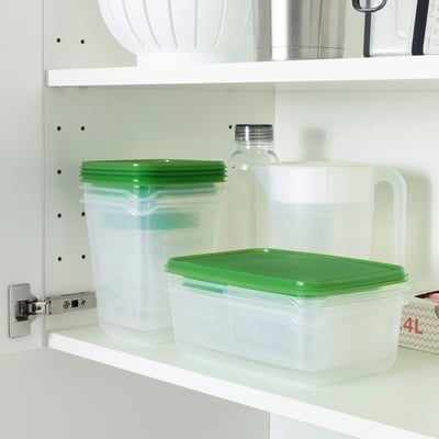 White shelf with clear plastic containers, green lids, and water jug. Stackable for space efficiency.