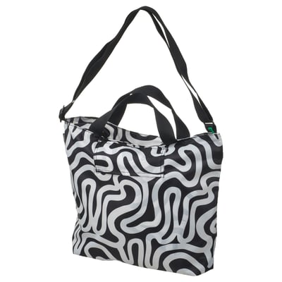 Black & white abstract patterned shoulder bag with adjustable strap, made of durable recycled polyester.