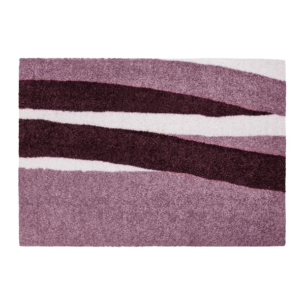 Stylish door mat with wavy red, pink, white stripes. Soft, durable, eco-friendly polyester, effectively traps dirt.