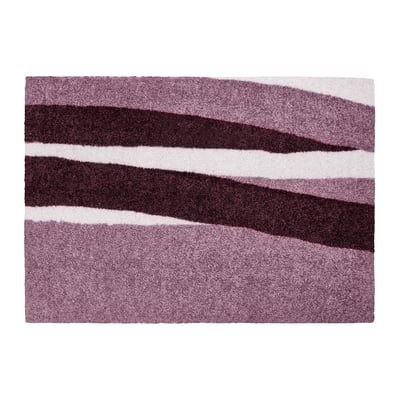 Stylish door mat with wavy red, pink, white stripes. Soft, durable, eco-friendly polyester, effectively traps dirt.