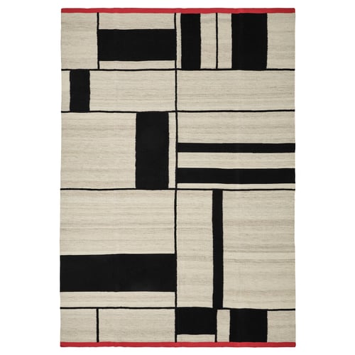 RASTPLATS rug: beige/black rectangles, red border, wool/cotton blend, rectangular, modern design.