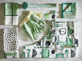 RINNIG Apron, white/green/patterned, 69x85 cm