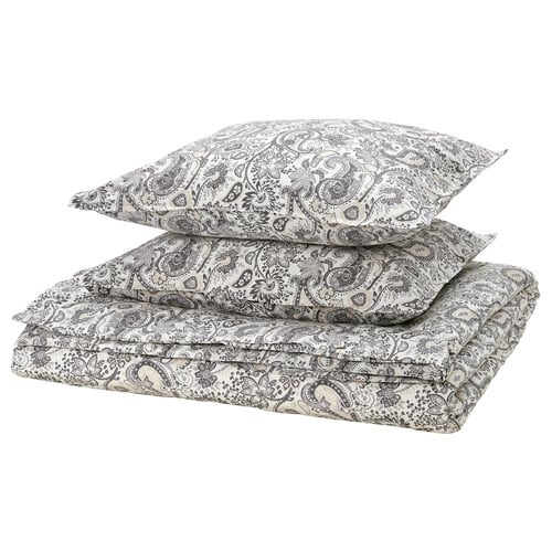RODGERSIA bed set, black/white paisley pattern, rectangular, cotton/viscose, folded neatly.