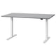 A RODULF sit-stand desk in grey with a sleek, rectangular top and sturdy white legs with adjustable height functionality.