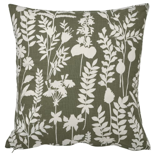 Rotvecclare cushion, square, grey-green/white, recycled cotton, floral design.