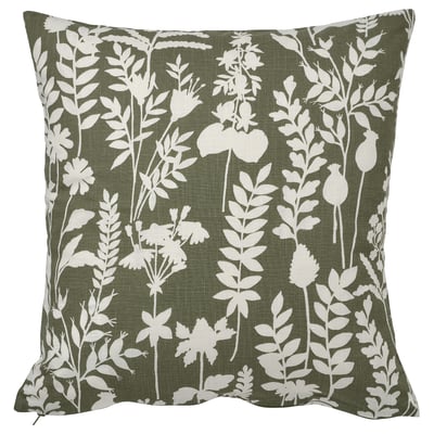Rotvecclare cushion, square, grey-green/white, recycled cotton, floral design.