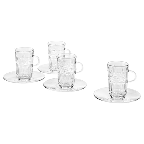 Set of 6 clear glass mugs with saucers, slightly textured, perfect for coffee/tea, vintage charm.