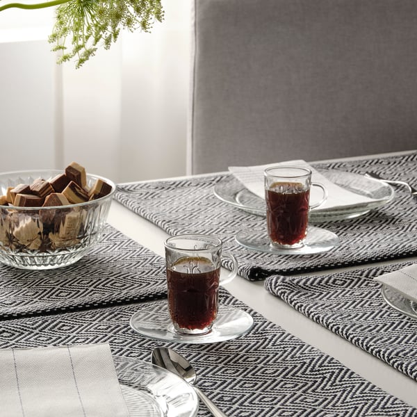 SÄLLSKAPLIG Cup with saucer, clear glass/patterned, 7 cl