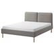 Modern grey upholstered bed with sloped headboard and wooden legs.