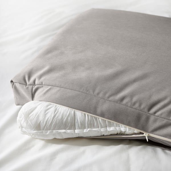 Upholstered bed frame with two large cushions on headboard, perfect for sitting. Removable, machine-washable cover.
