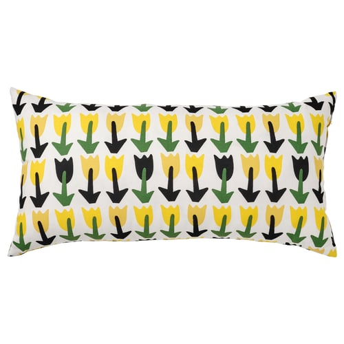 Rectangular cushion with yellow, green, black tulip pattern.