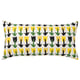 Rectangular cushion with yellow, green, black tulip pattern.