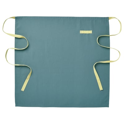 SANDVIVA teal apron with beige ties, rectangular shape, hangs easily.