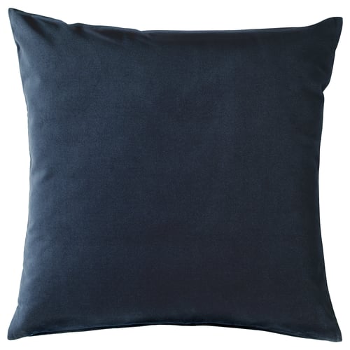 Square navy blue SANELA cushion with soft cotton velvet texture and zip closure.