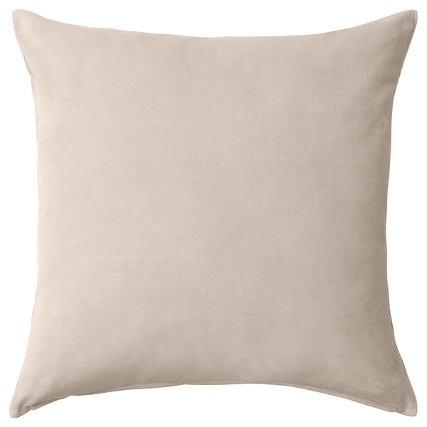 Lush SANELA cushion, soft beige cotton velvet, square shape, hidden zip, luxurious feel.