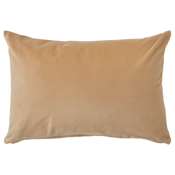 Beige, rectangular SANELA velvet cushion. Soft cotton, plain design, zip closure.