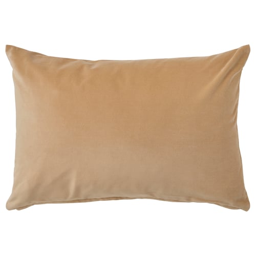 Beige, rectangular SANELA velvet cushion. Soft cotton, plain design, zip closure.
