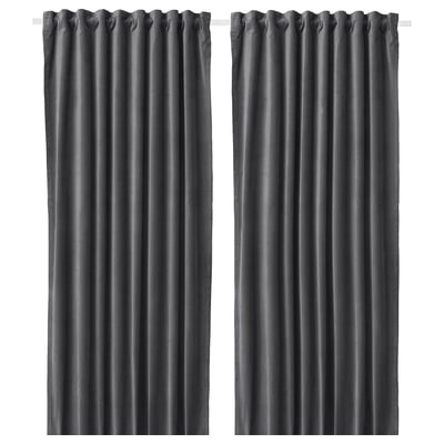 Two dark grey, solid panel curtains, hanging straight with a smooth texture, made of 100% cotton.