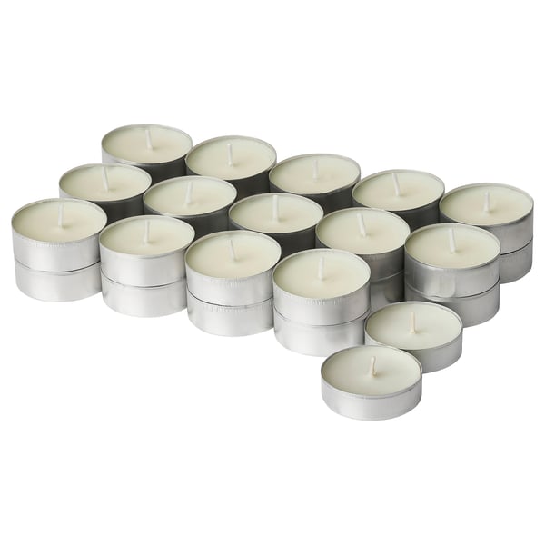 SILKESTRÄD Scented tealight, dew & moss/off-white, 3.5 hr