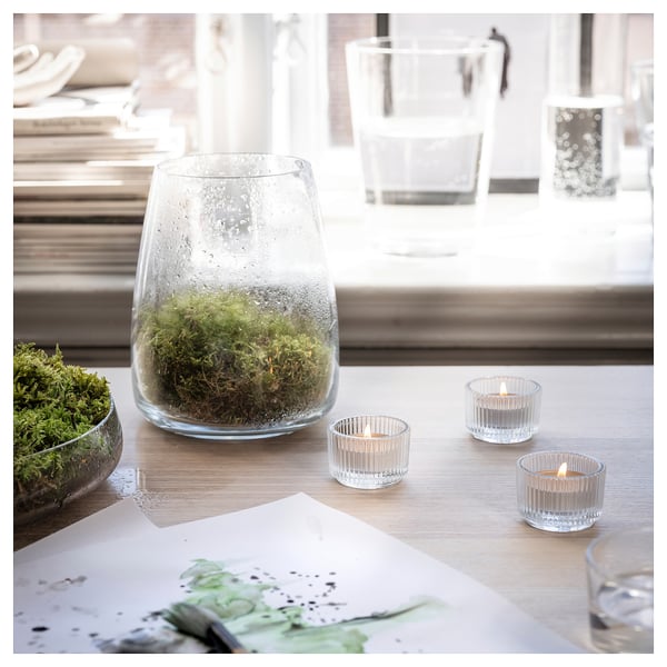 SILKESTRÄD Scented tealight, dew & moss/off-white, 3.5 hr